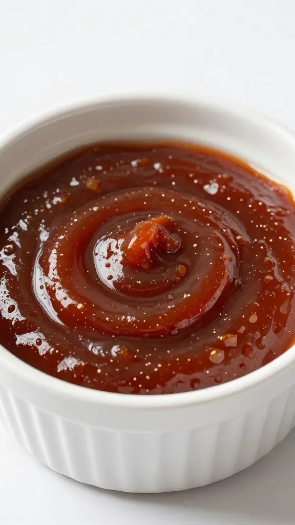 Reserved marinade in ramekin, glossy surface