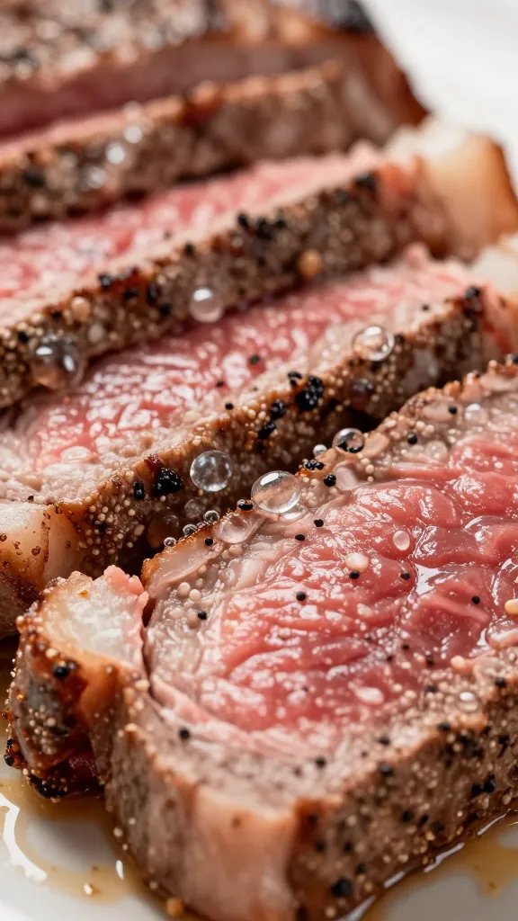 Resting sliced steak showing pink center, macro