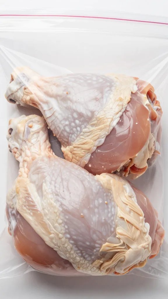 closeup of raw chicken thigh in zip-top freezer bag