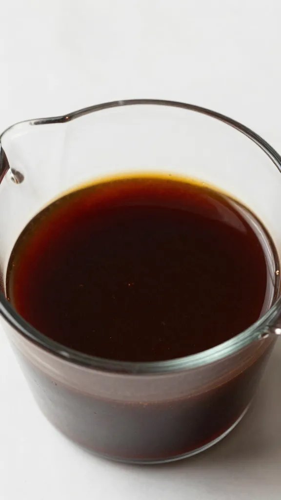 measuring cup of dark bbq marinade, overhead