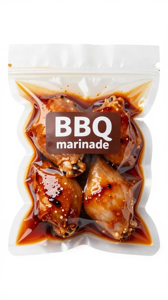 vacuum-sealed chicken thigh pack labeled “BBQ marinade”
