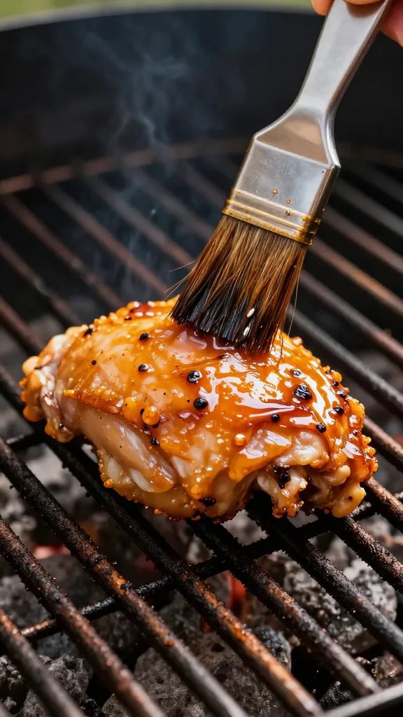 brush glazing one chicken thigh on grill grates