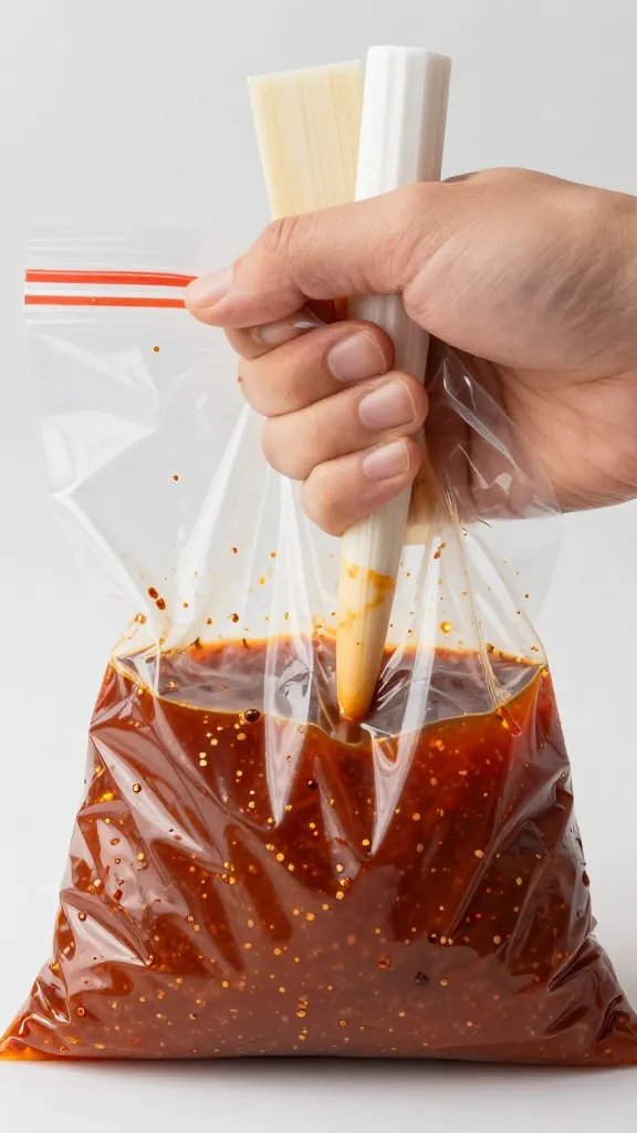 hand sealing one marinade-filled freezer bag, closeup