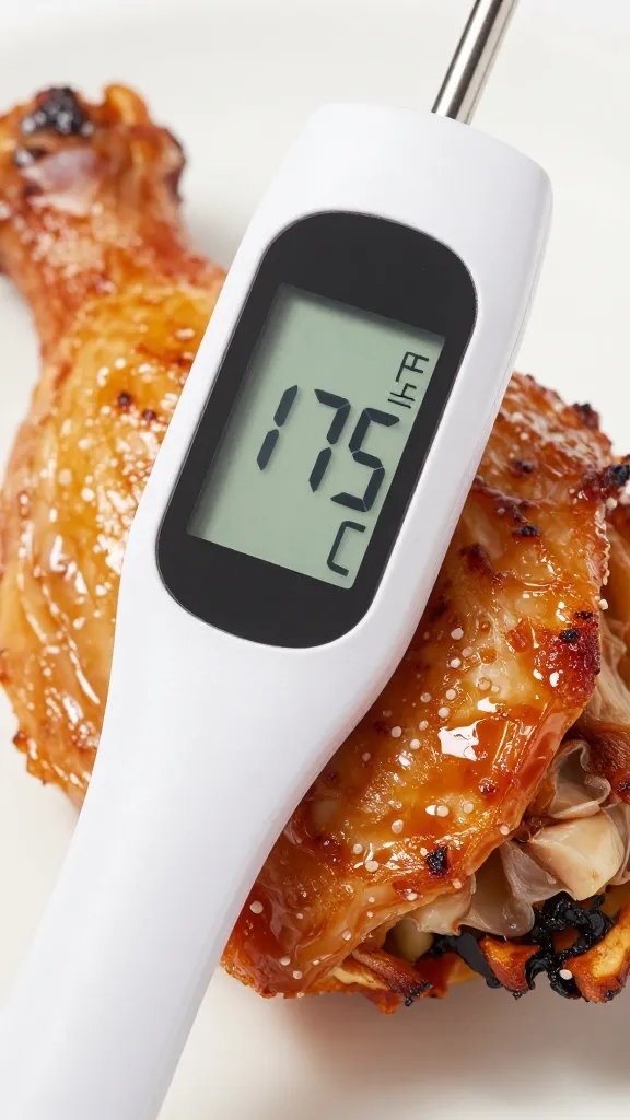 thermometer probe in grilled chicken thigh, 175°F display