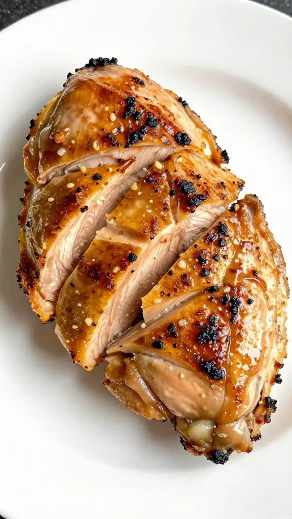 sliced grilled chicken thigh on white plate, juices visible