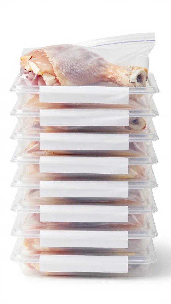 stack of labeled freezer bags, one chicken thigh visible