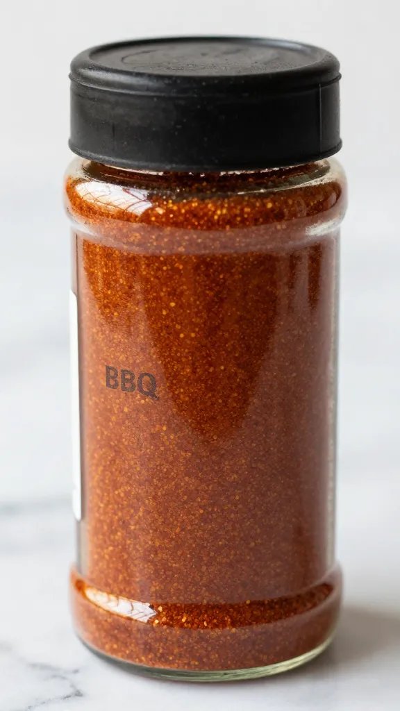 Closeup jar of all-purpose BBQ rub on marble