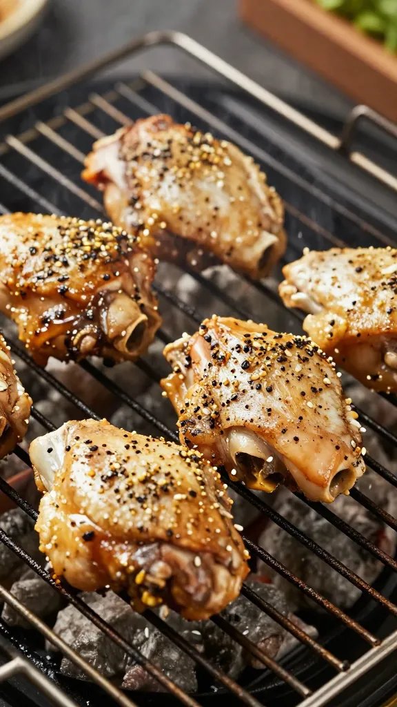 Bone-in chicken thigh coated in rub, sizzling grate