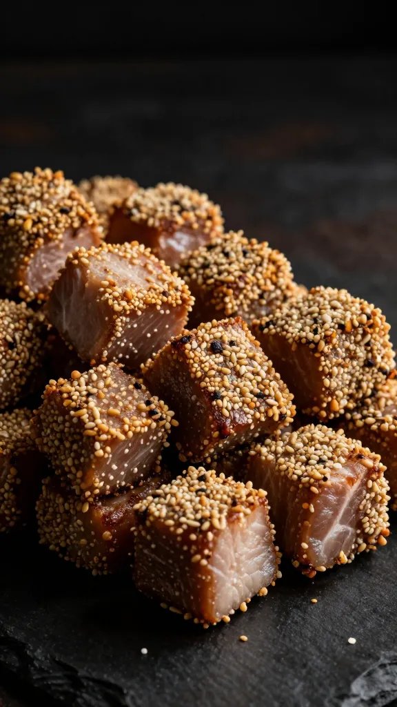 Pork shoulder cube with rub crust, dramatic side light