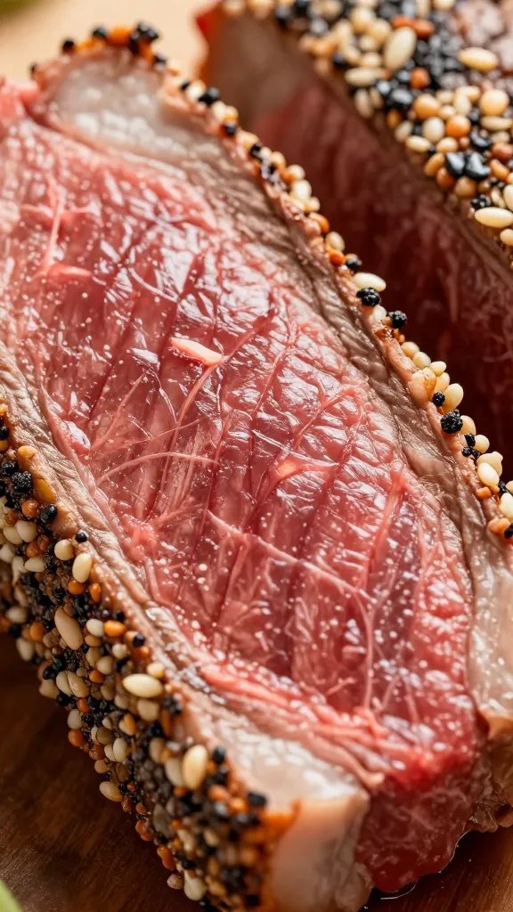 Medium-rare steak slice with rub crust, macro shot