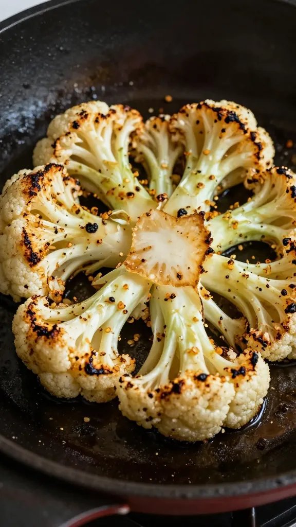 Grilled cauliflower steak seasoned with rub, charred edges