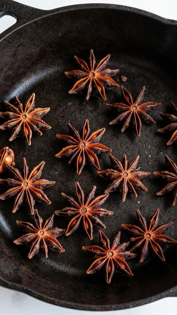 Cast-iron skillet of toasted whole spices, top-down