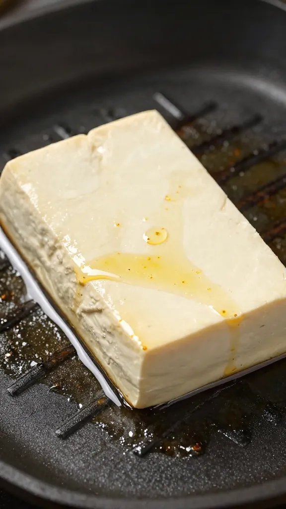 Single tofu slab brushed with rub oil, grill sear