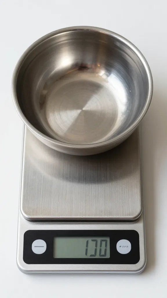 Small digital scale with measured rub in stainless bowl