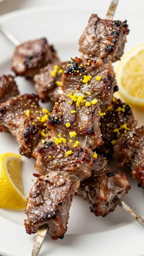 Closeup of Greek-marinated lamb skewer with lemon zest