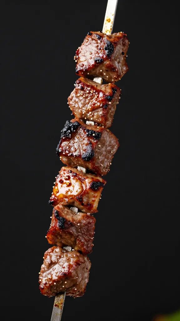 Moroccan-spiced lamb cube on skewer, charred edges