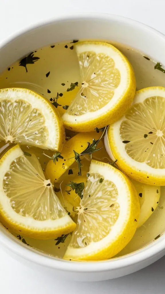 Bowl of Greek marinade with visible lemon and oregano