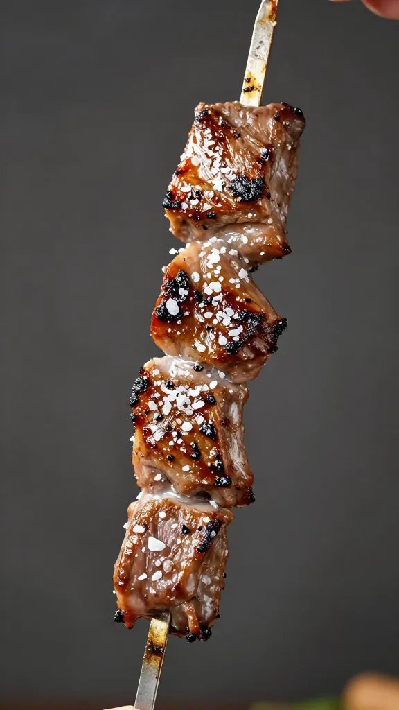 Single grilled lamb skewer finished with flaky sea salt