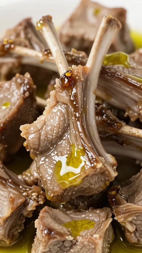 Closeup of lamb cube glistening with olive oil marinade