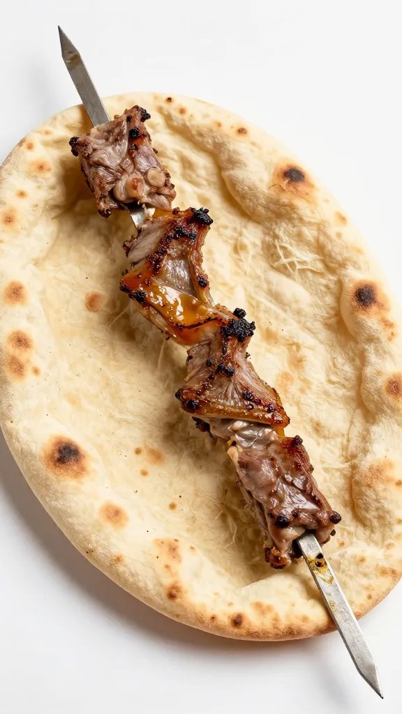 Single skewer of lamb resting on warm pita