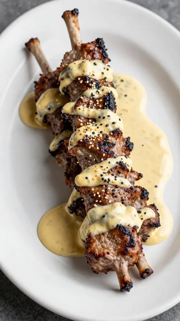 Lamb kebab basted with tahini-garlic glaze, sesame flecks