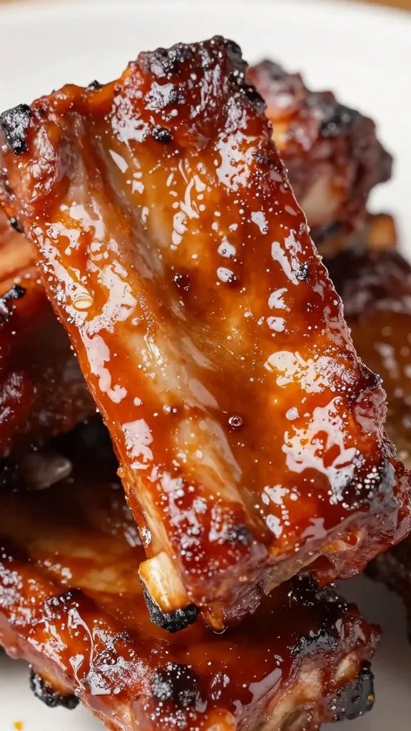 Glazed pork ribs closeup with Kansas City sauce sheen