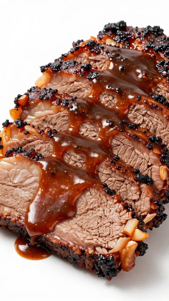Sliced brisket end piece brushed with Texas mop sauce