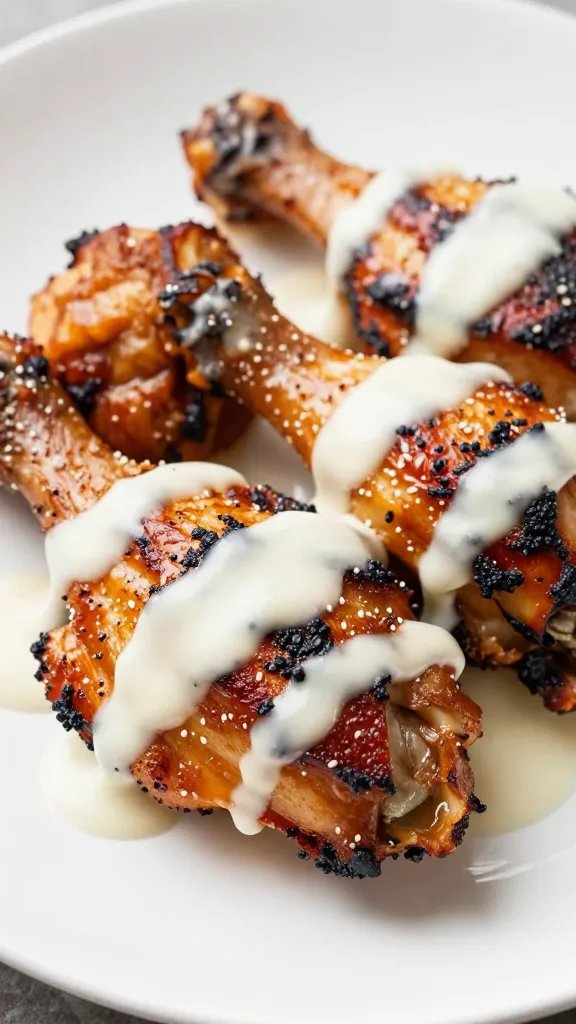 Charred chicken thigh glazed with Alabama white sauce