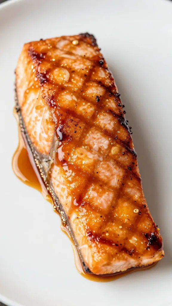 Grilled salmon fillet lacquered with maple-bourbon glaze