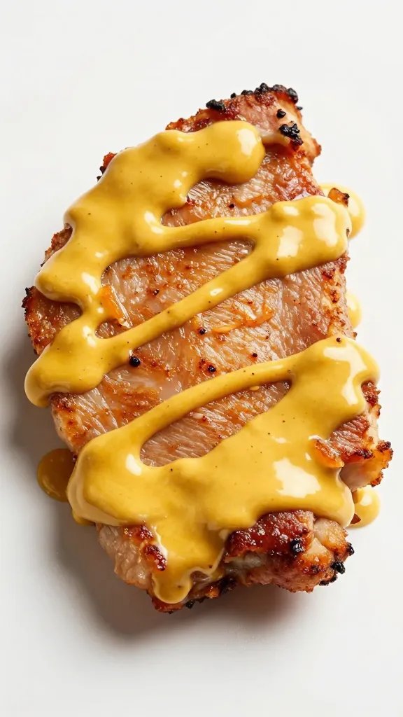 Thick pork chop coated in Carolina mustard sauce