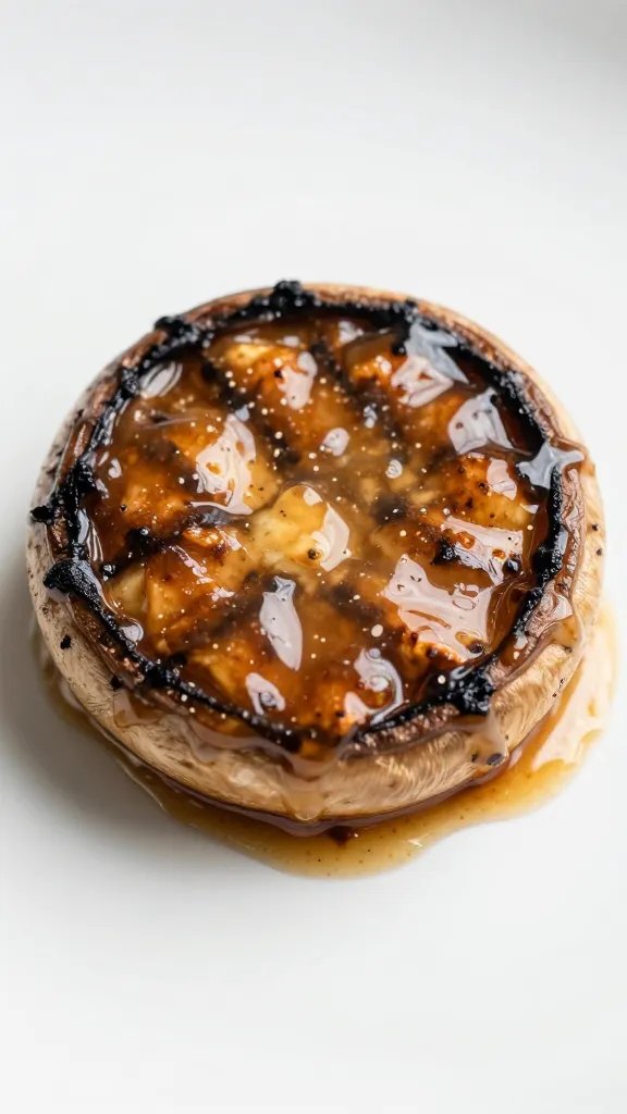 Grilled portobello cap lacquered with tangy vinegar sauce