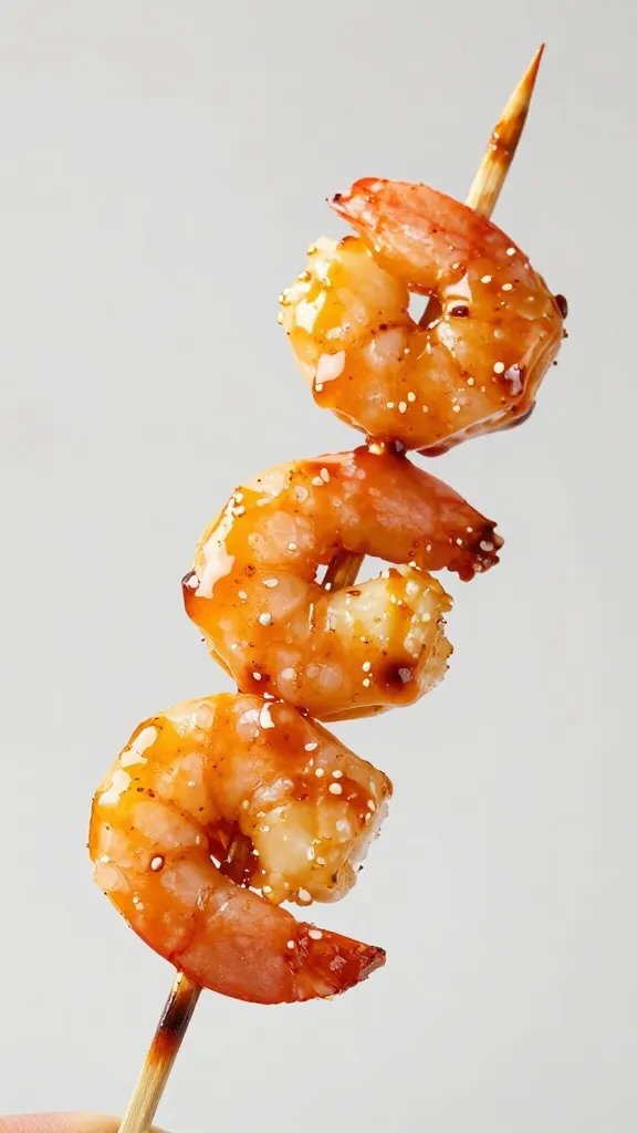 Shrimp skewer single piece glazed with peach bbq