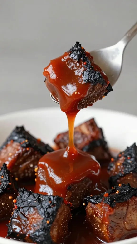 Burnt ends cube dipped in espresso-chile barbecue sauce