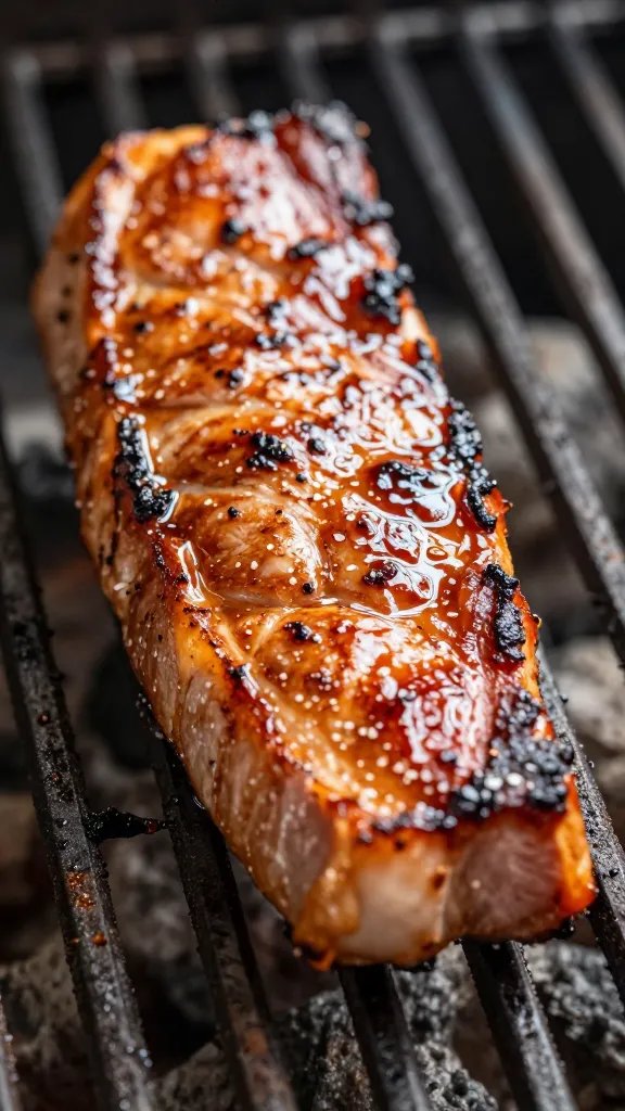 Closeup pork tenderloin with glossy BBQ glaze on grill grates