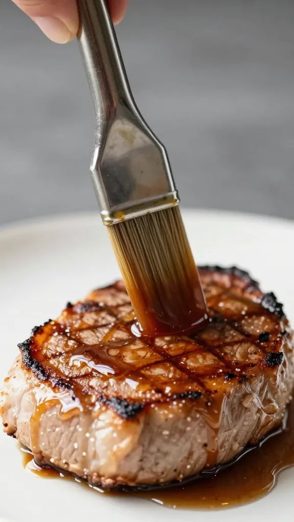 Single basting brush dripping glaze over seared tenderloin