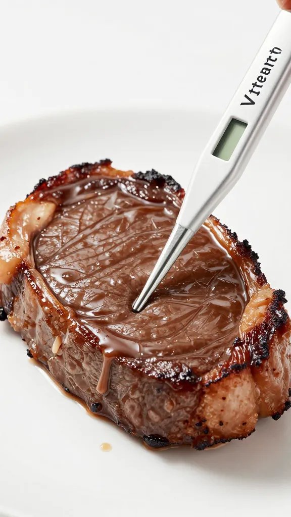 Instant-read thermometer inserted in glazed tenderloin