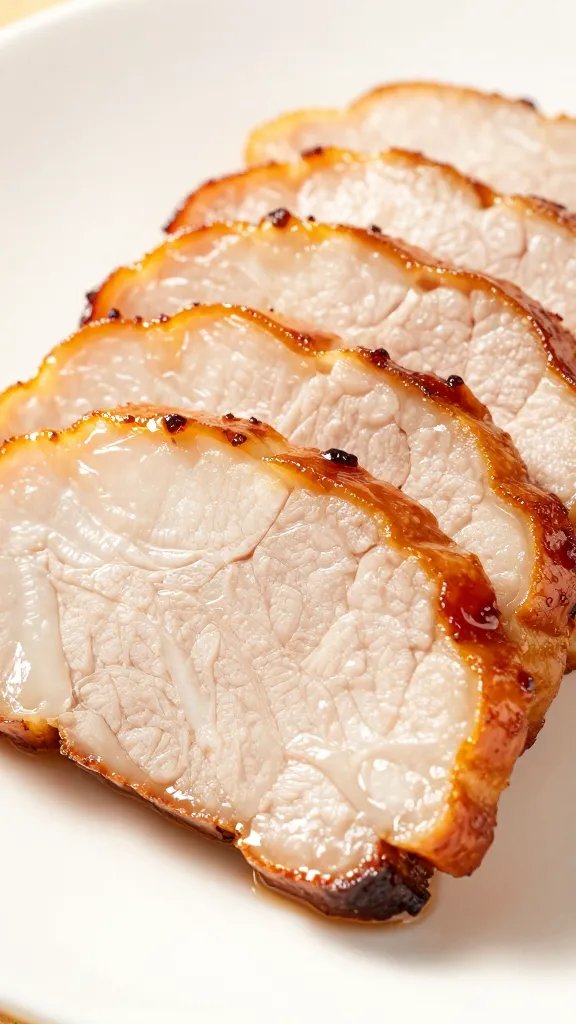 Sliced pork medallion showing juicy interior, glazed edge