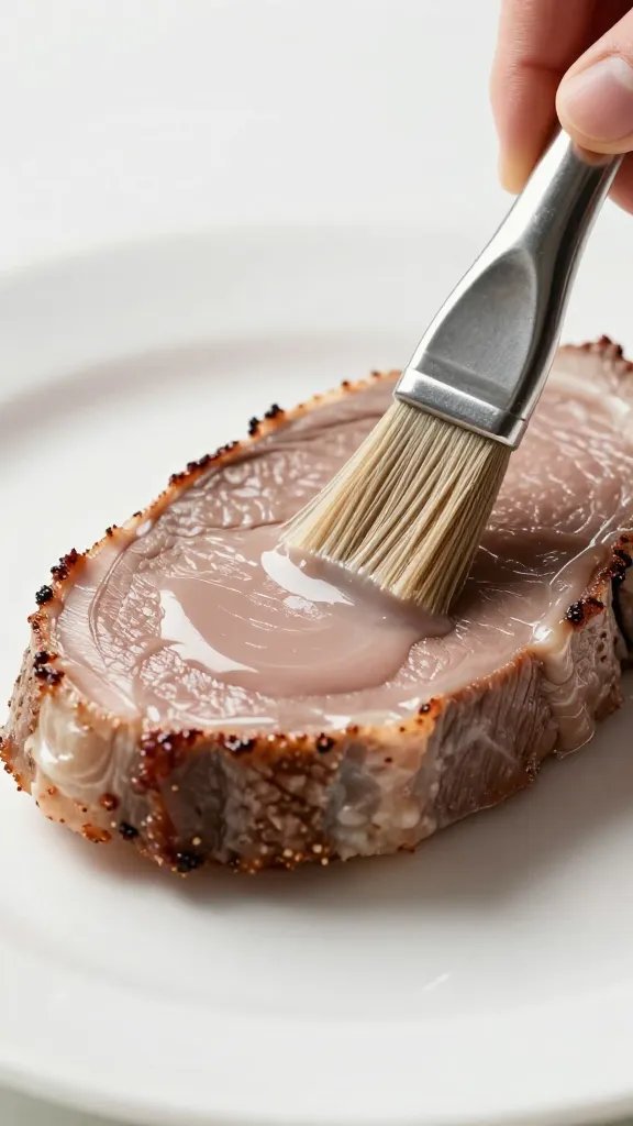 Hand brushing thin glaze layer on resting tenderloin