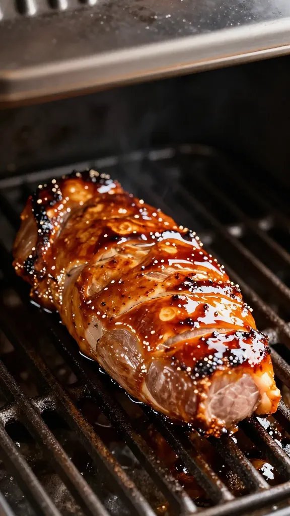Glaze-coated pork tenderloin under grill lid flare reflection