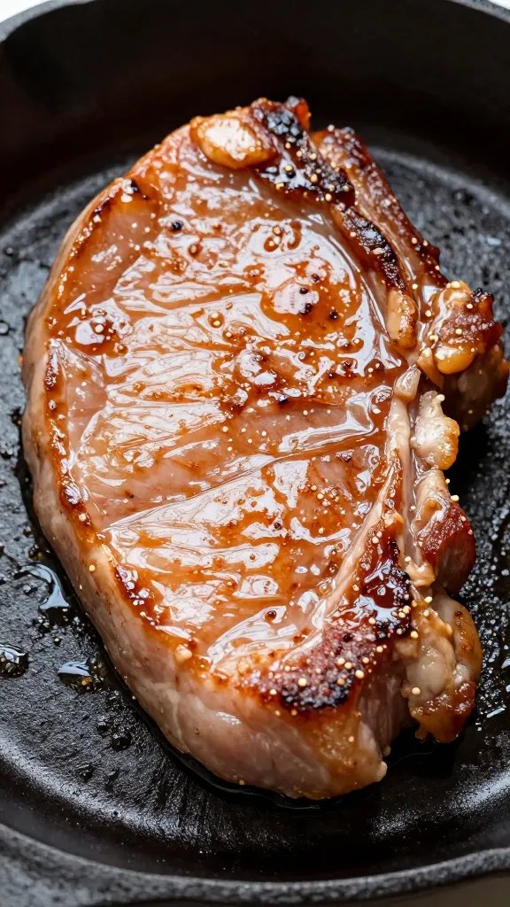 closeup glazed thick pork chop on cast-iron skillet