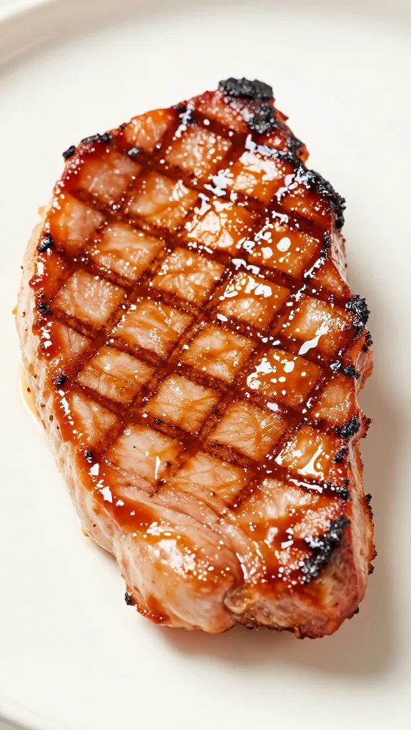 thin pork chop with glossy bbq lacquer, grill marks