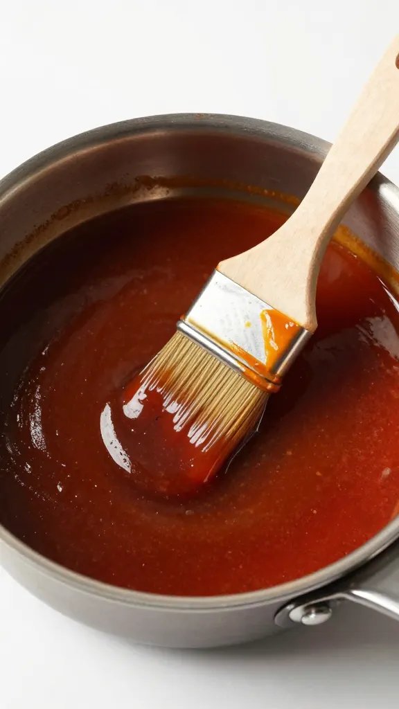 saucepan of sweet-tangy bbq sauce with brush