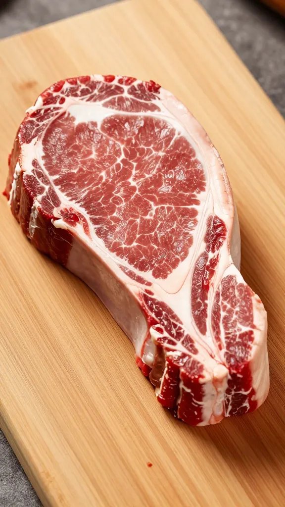 single juicy thick-cut chop resting on wooden board