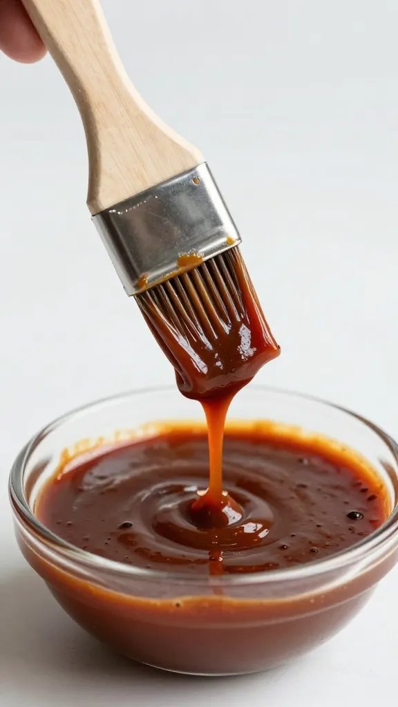 bbq sauce clinging to basting brush, shallow bowl