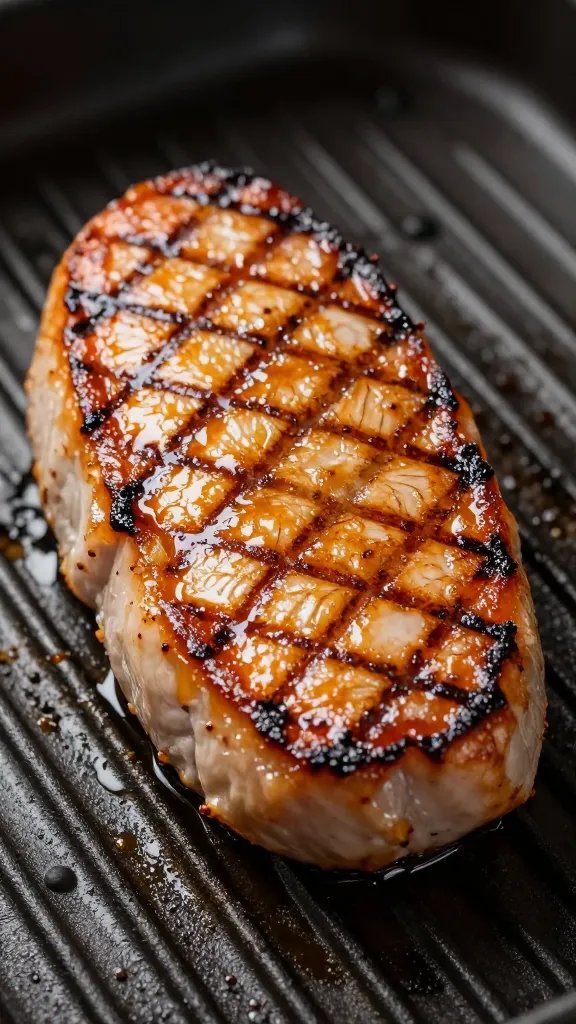 seared thin-cut chop, caramelized edges, dark grill grate