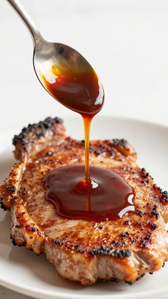 spoon drizzling bbq sauce over thick pork chop