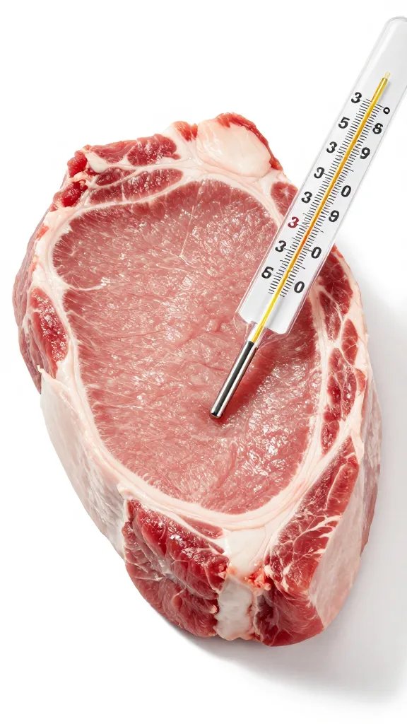 thermometer inserted in thick pork chop, juicy surface