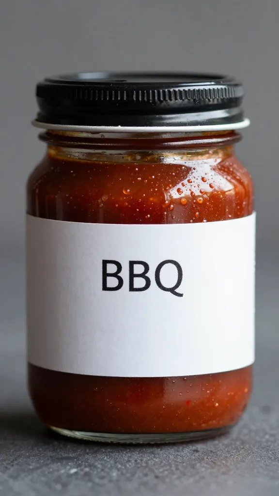 small jar of small-batch bbq sauce, condensation beads