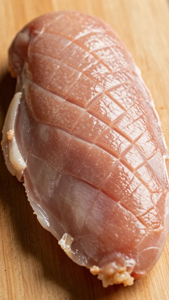 Closeup scored duck breast skin, crosshatch, raw, on board