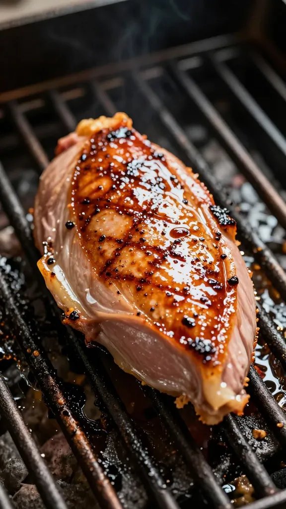 Single duck breast skin sizzling on grill grates, flare-kissed